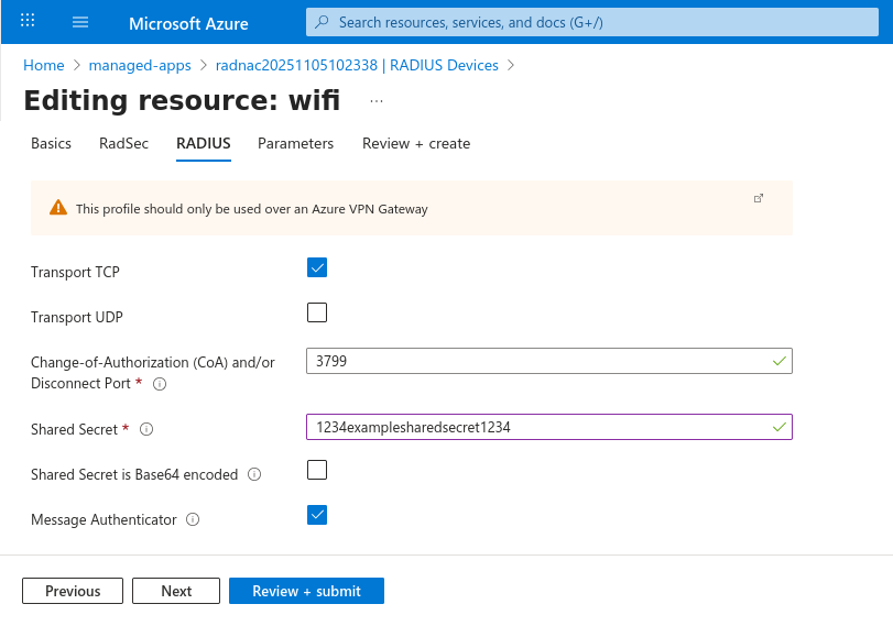 Screenshot of RADNAC device configuration